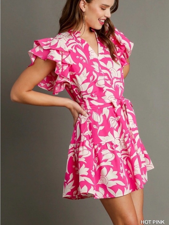 Umgee Dresses & Skirts - Umgee Hot Pink Floral Ruffle Mini Dress